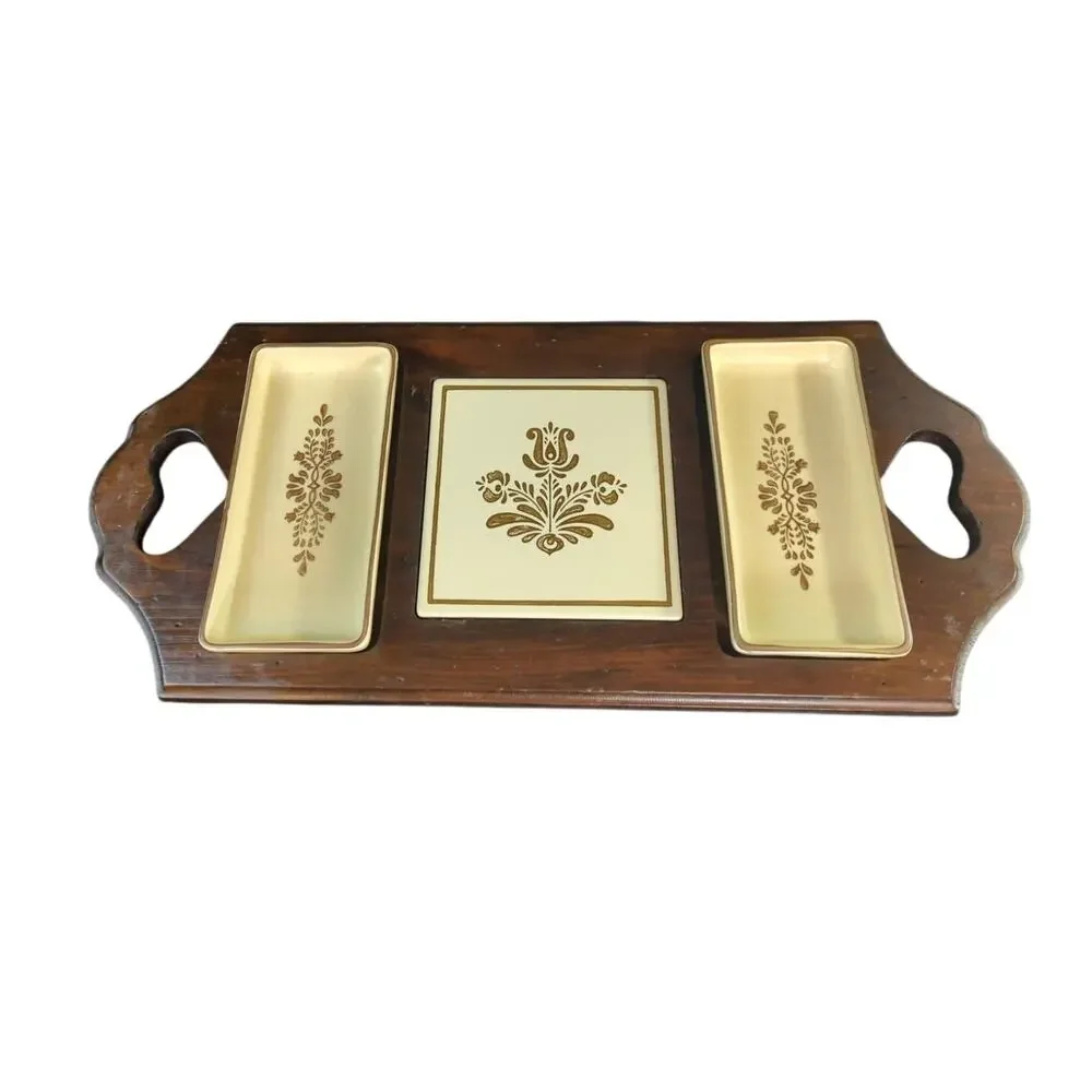 Vintage Pfaltzgraff Village Wood & Ceramic Party Server Relish Tray Cheese Board